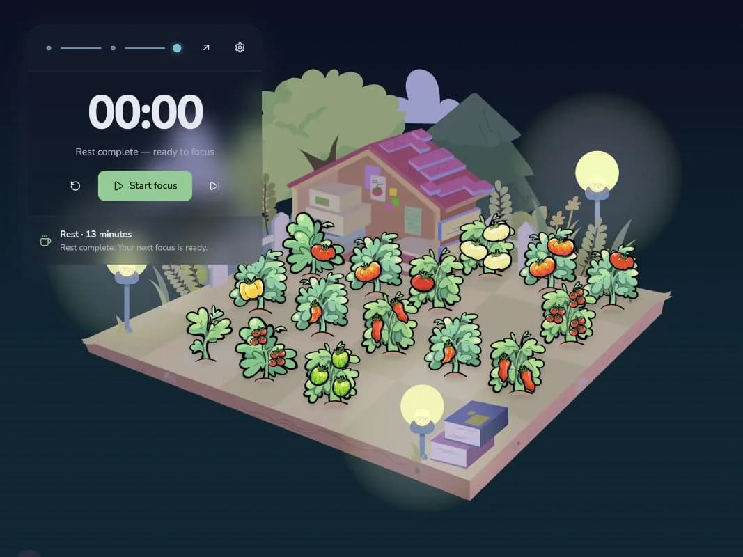 Pomodoro Planter in night mode, with glowing lamps around a garden of mature tomato plants.