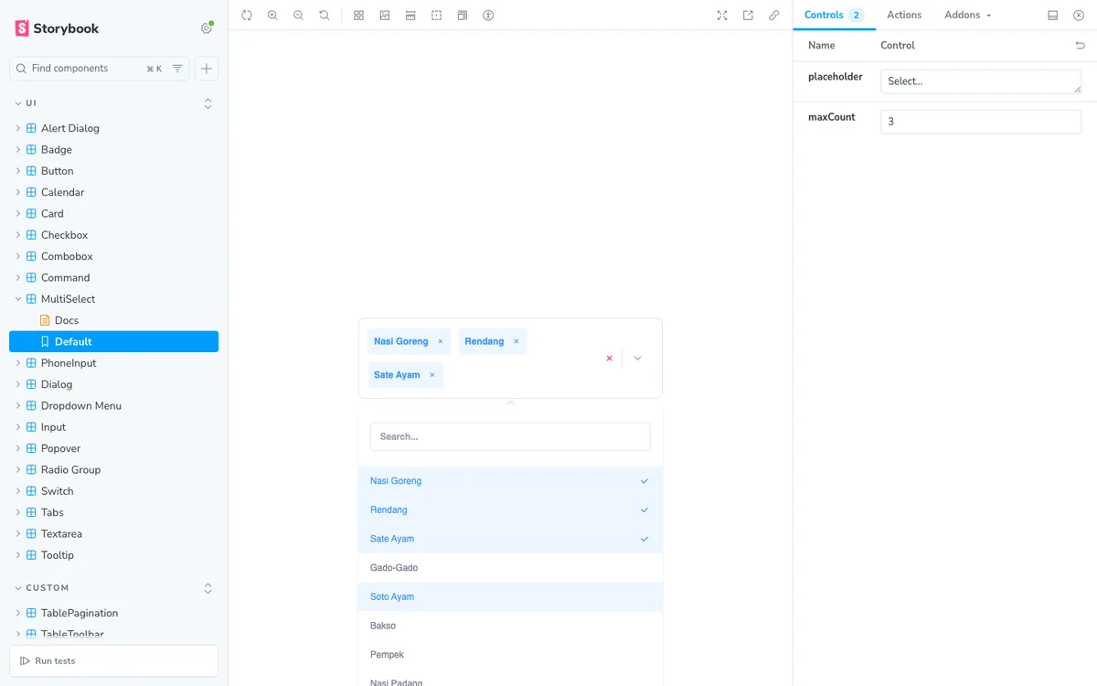 TableLink Storybook showing the multi-select component