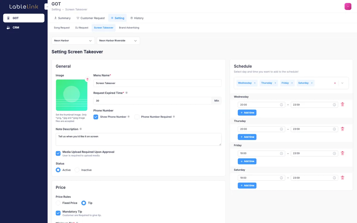 TableLink screen takeover settings with a weekly schedule